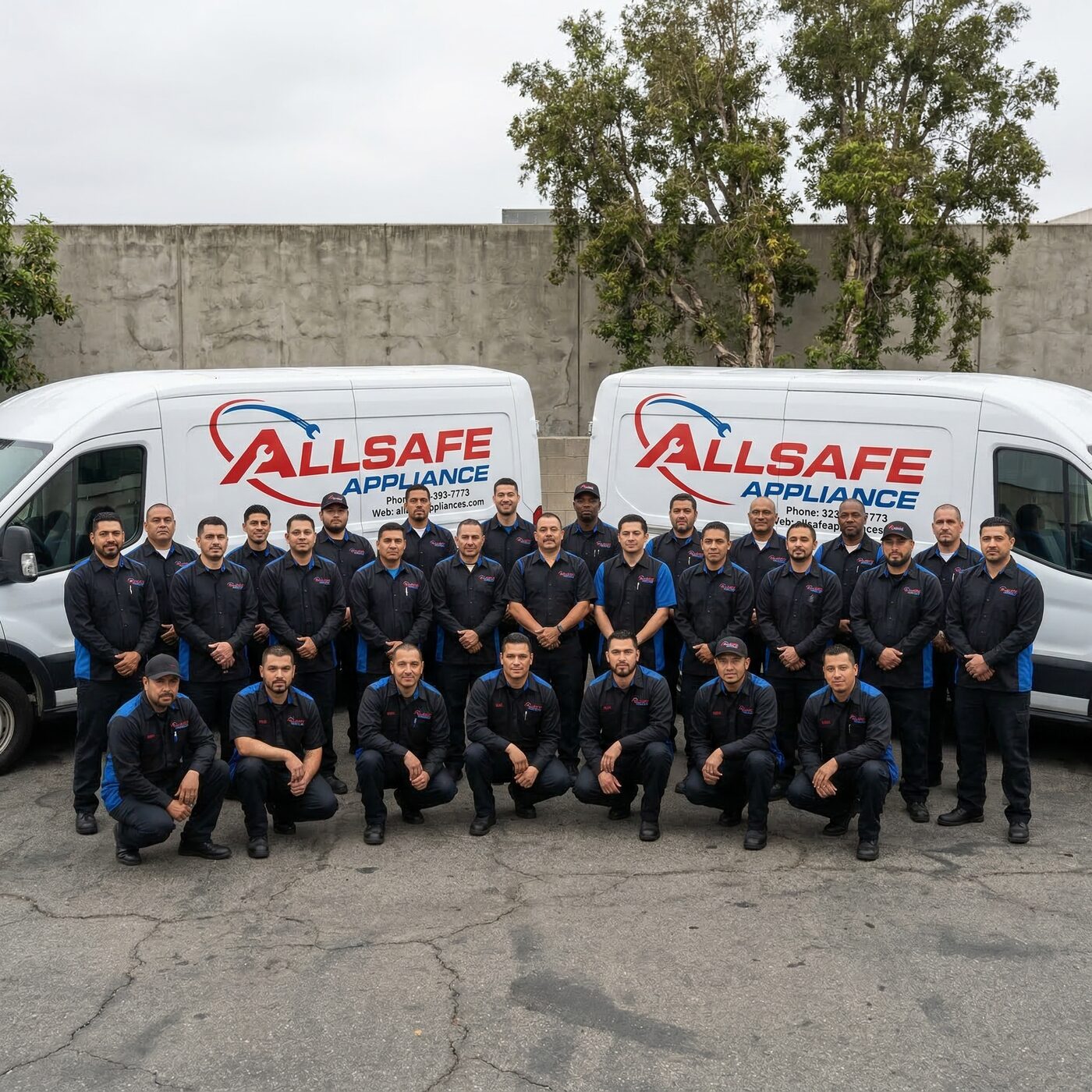 The Allsafe Appliance repair team standing in front of their service vans in Los Angeles