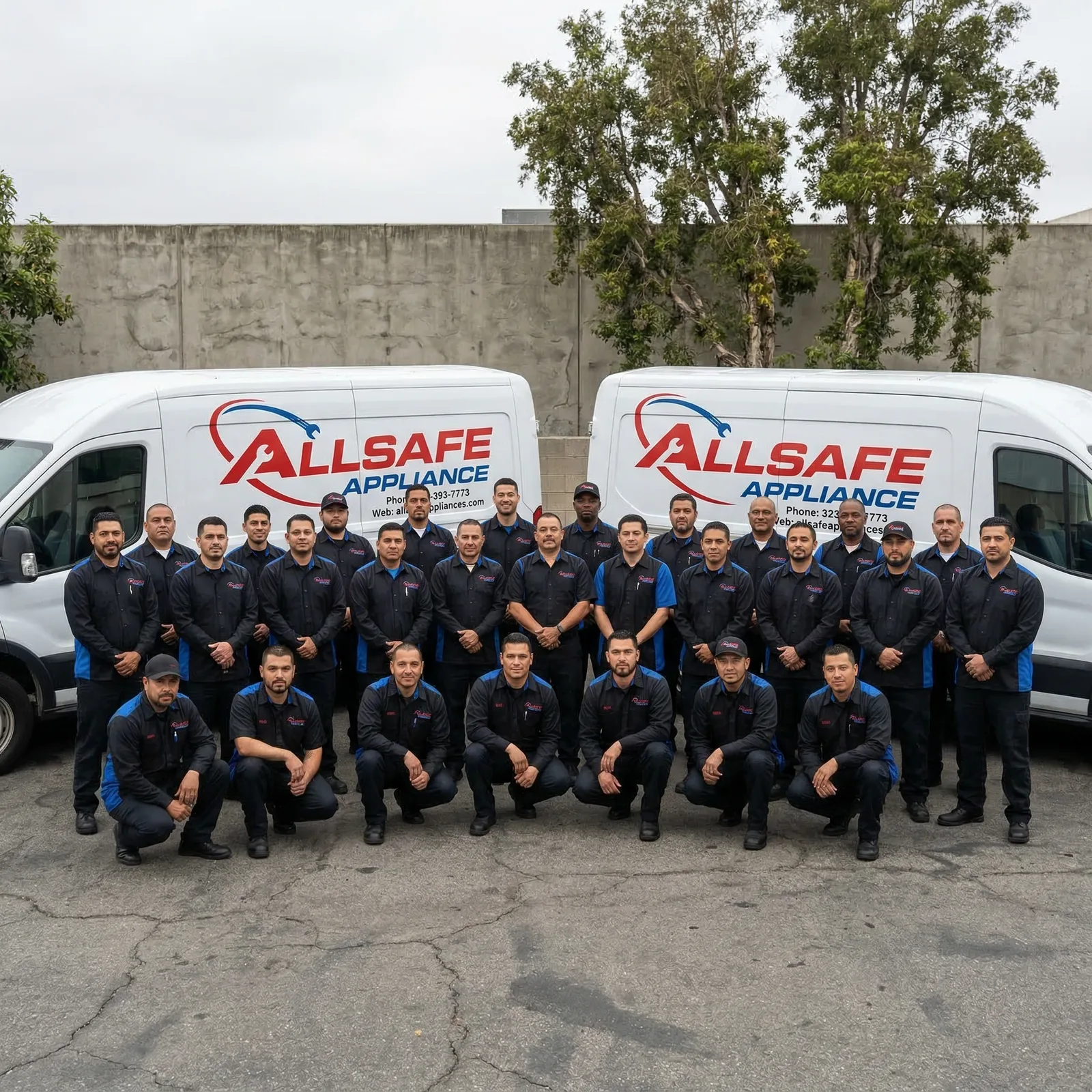 The Allsafe Appliance team standing with company service vans