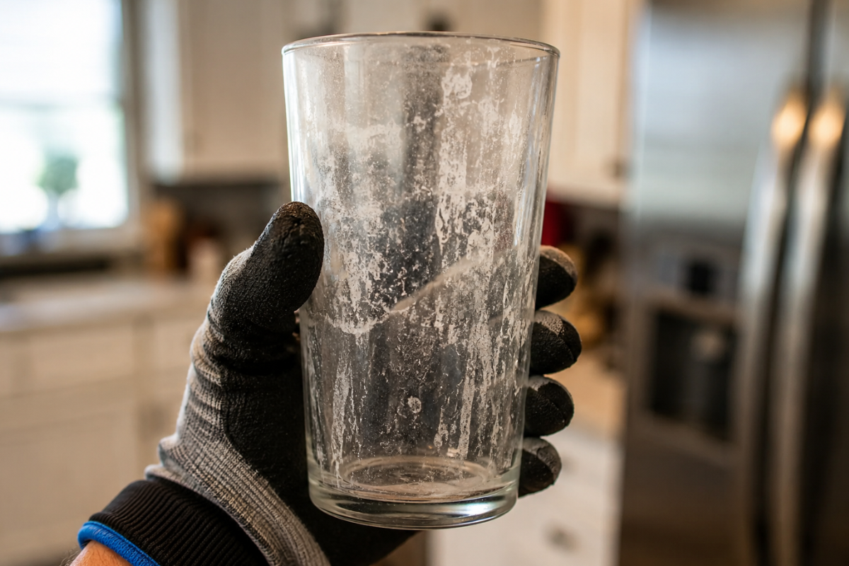 Hand holding a drinking glass covered in cloudy white film from the dishwasher