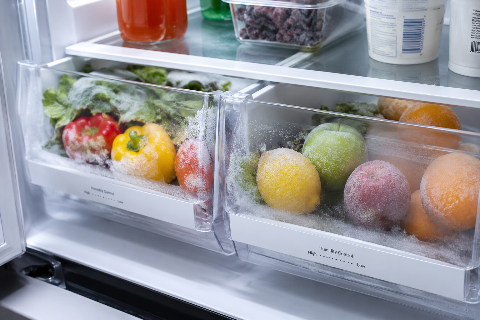 Frozen fruits and vegetables coated in frost inside a fridge freezing everything