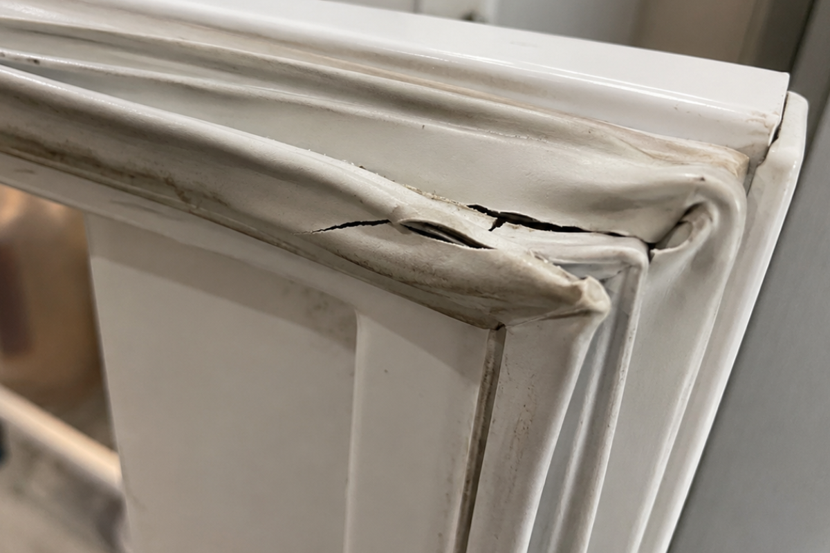 Cracked refrigerator door gasket that can contribute to a fridge freezing food